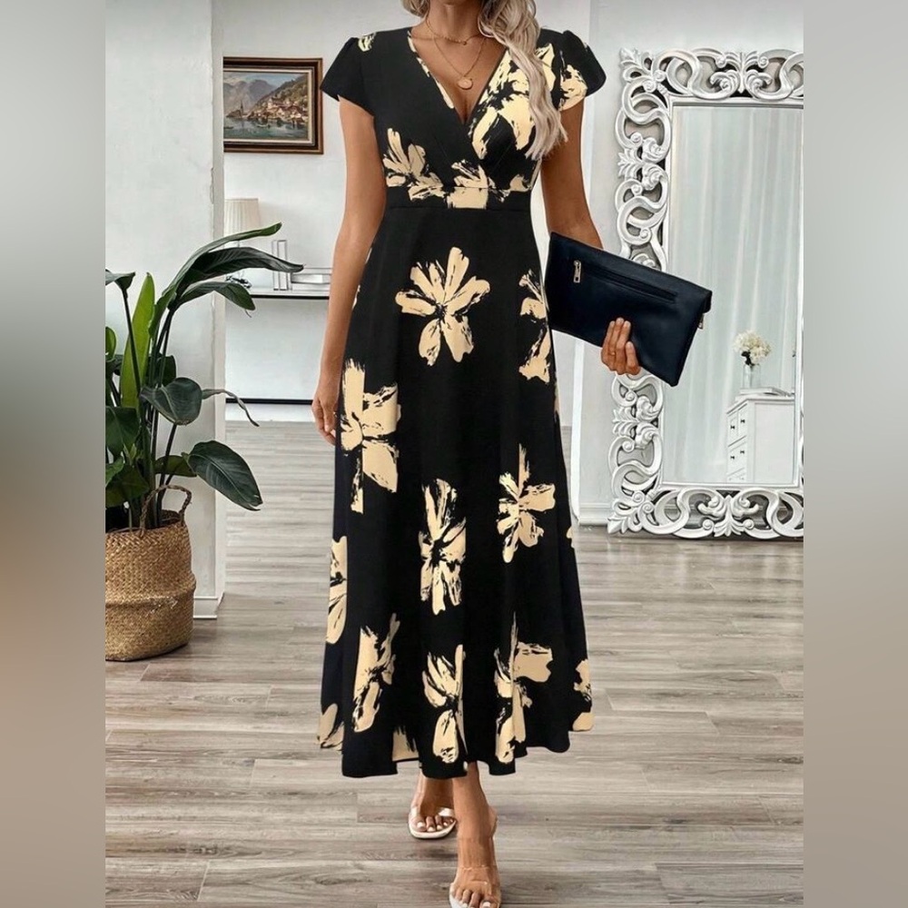 Black & Cream Floral Midi Dress - Elegant V-Neck Women’s Dress - Picture 2 of 7